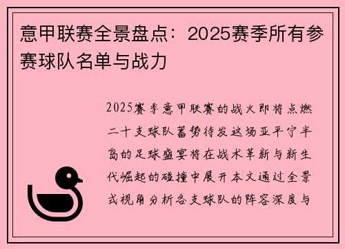 意甲联赛全景盘点：2025赛季所有参赛球队名单与战力